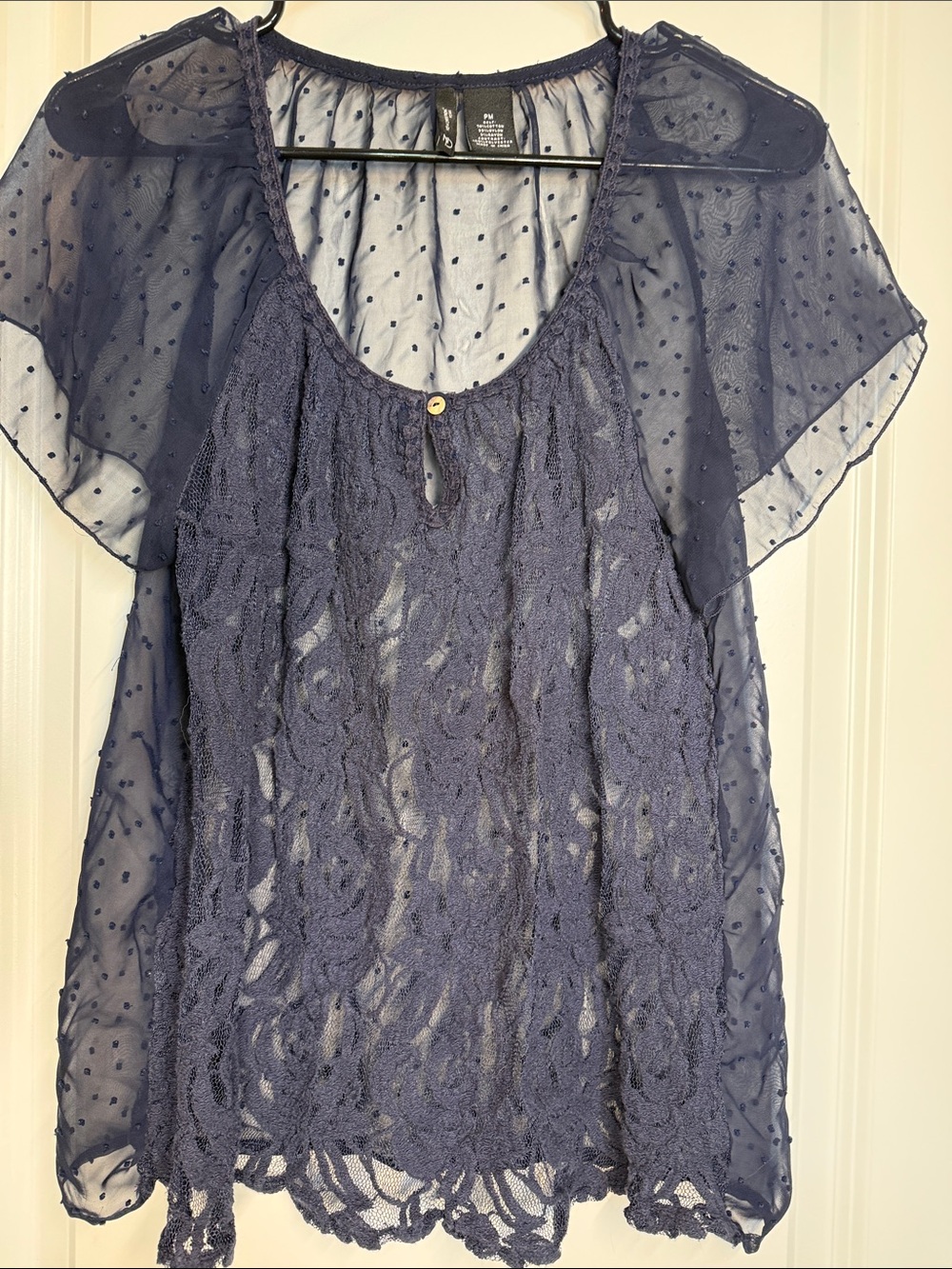 new directions Navy Sheer Lace Overlay Blouse